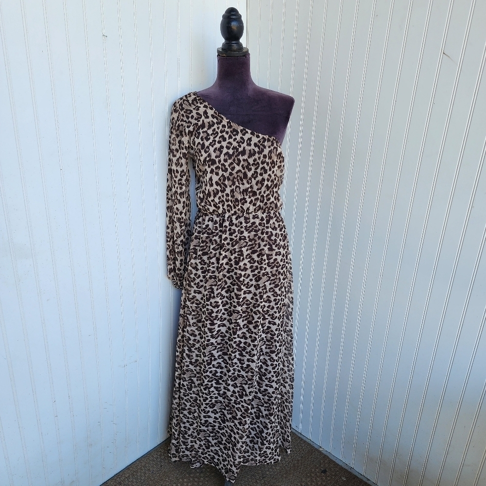 Turquoise Heaven Brown Black Leopard Womens Dress One Sleeve Maxi Chiffon Sz M